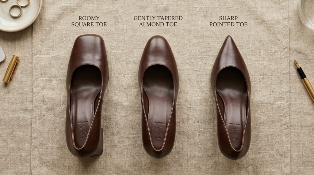 Top-down comparison of square, almond, and pointed toe box shapes on leather pumps.