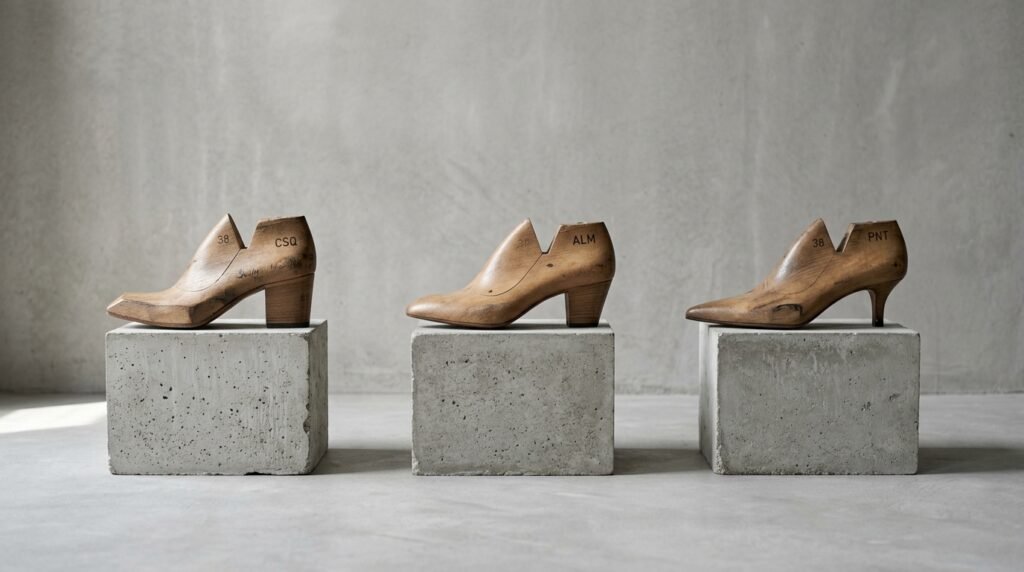 Three different shoe last shapes demonstrating versatile heel designs on display pedestals.