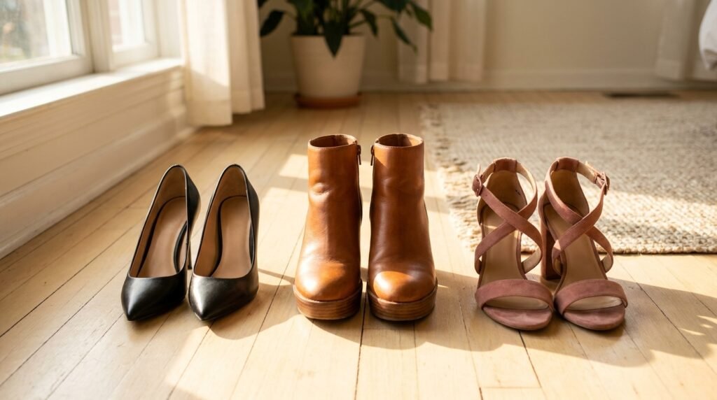 Three distinct styles of heels including a black pump, a cognac bootie, and a dusty rose sandal lined up on a hardwood floor.