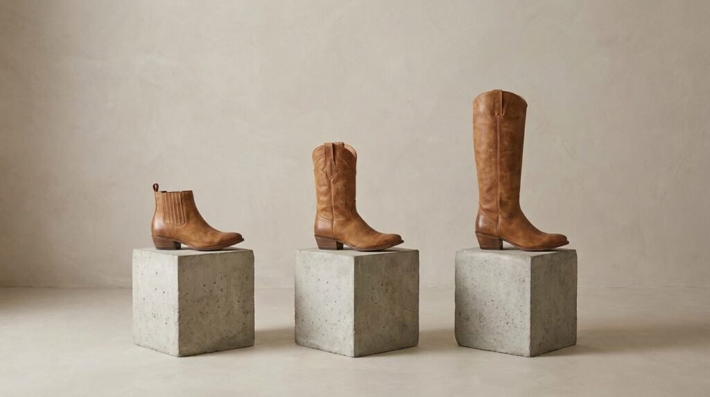 Display lineup comparing ankle, mid-calf, and knee-high western boots.