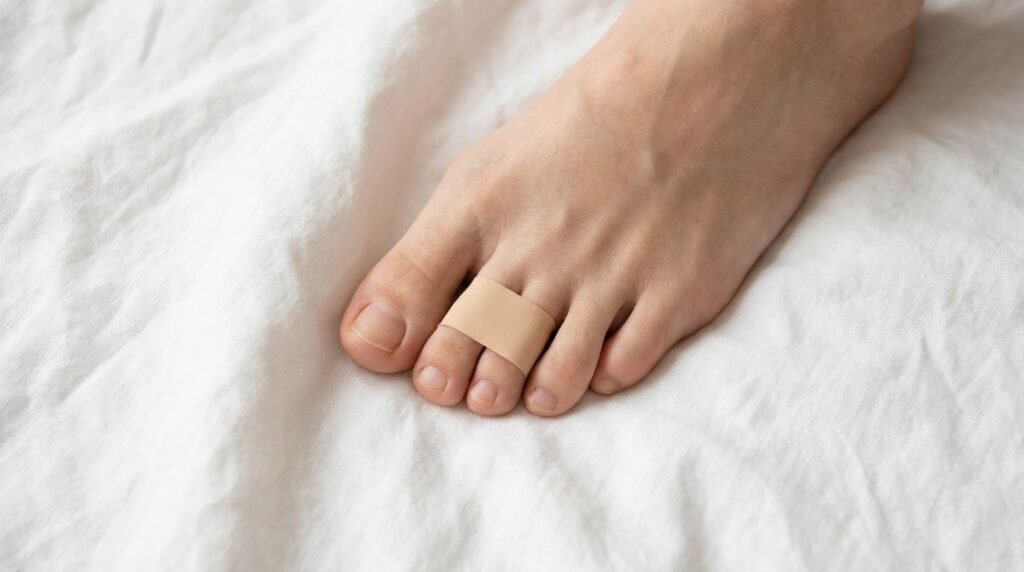 Close-up of foot with third and fourth toes taped with skin-safe medical tape.
