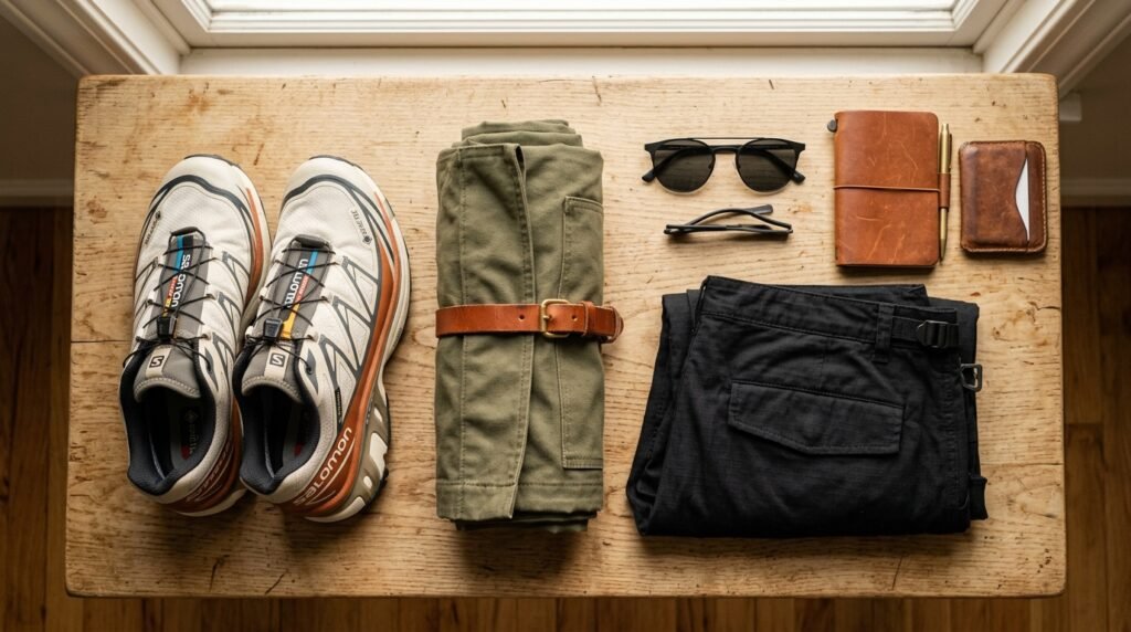 A flat lay arrangement of technical trail sneakers, a utility jacket, sunglasses, and black cargo pants on a wooden surface.