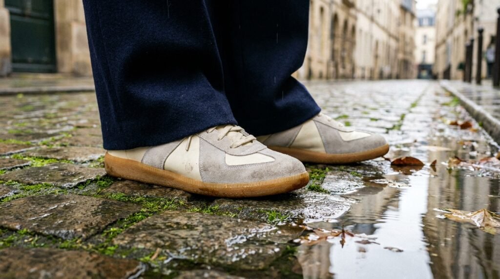 Low-profile suede trainer with gum sole on wet cobblestone street.