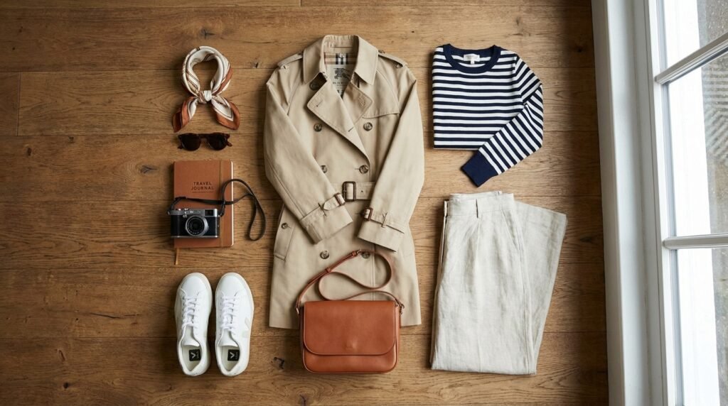 Travel capsule wardrobe flat lay with white sneakers, trench coat, and striped top.