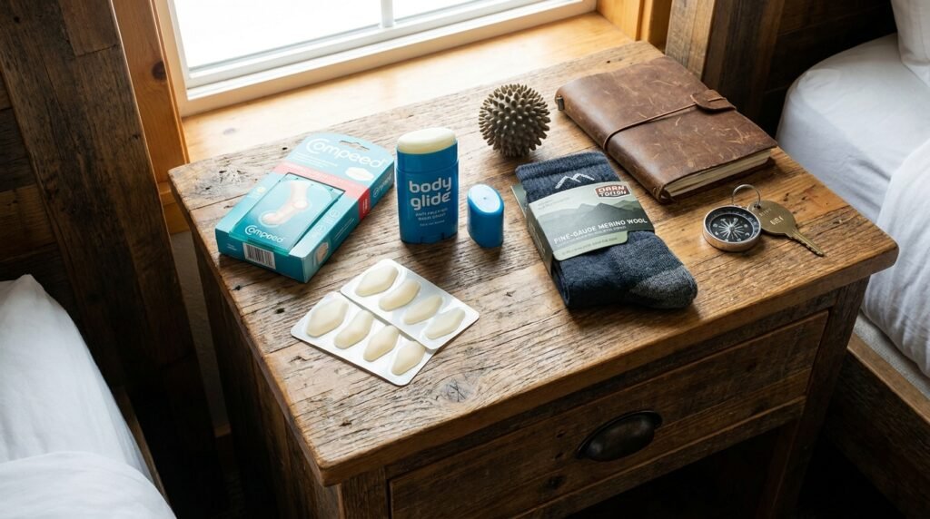 Blister bandages, anti-chafing balm, and merino wool socks on a hotel table.