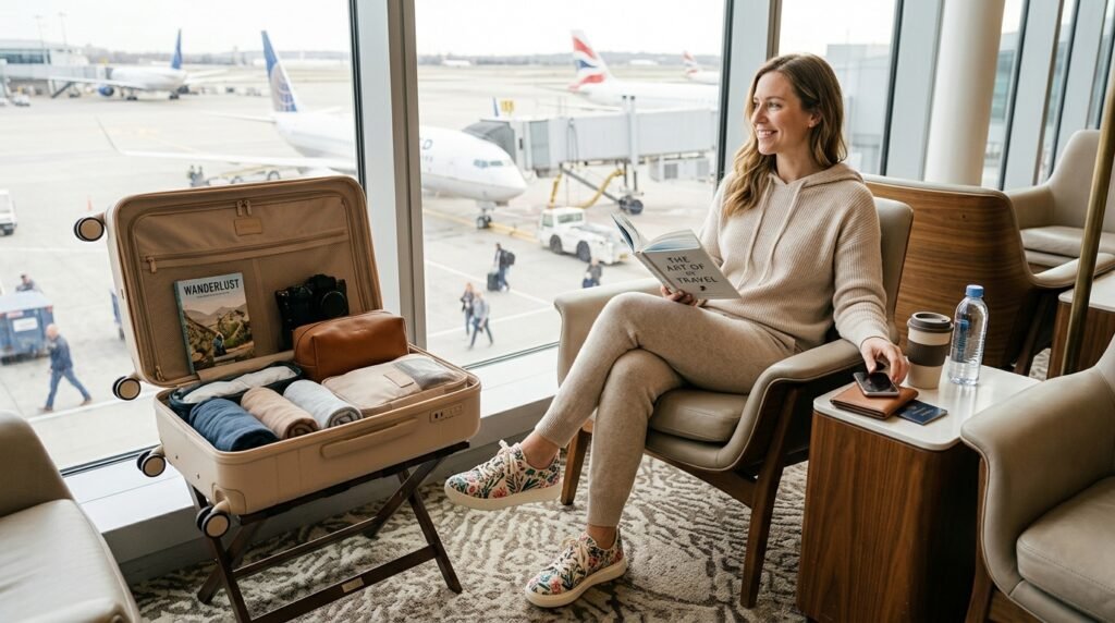 Oatmeal knit lounge set and floral sneakers resting next to a travel suitcase.