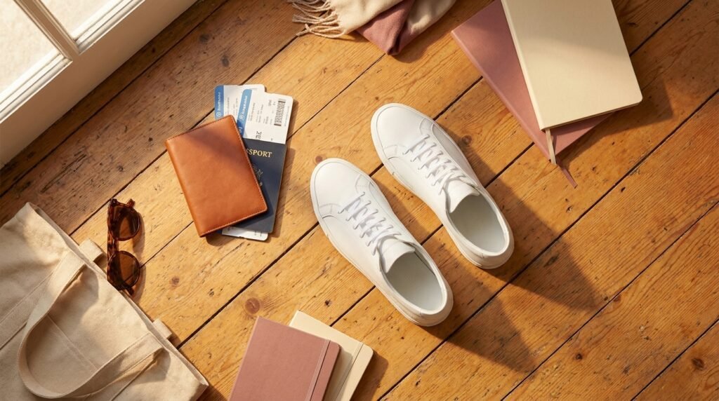 Flat lay photograph of white leather sneakers, a passport, sunglasses, and a leather travel bag on a wooden surface.