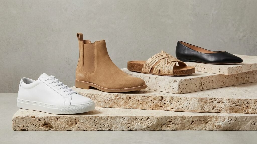 Lineup of four distinct travel shoe styles on stepped stone pedestals.