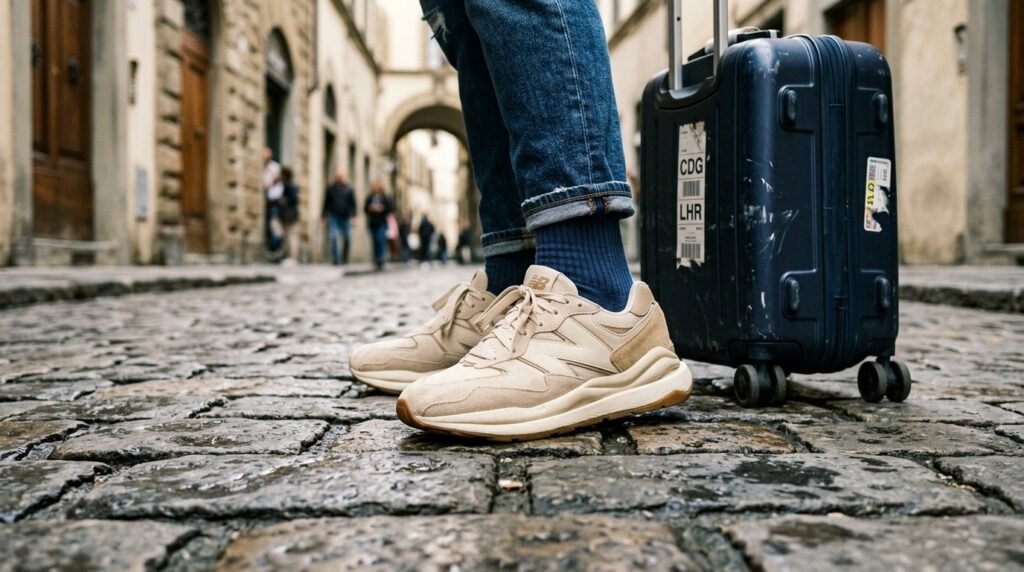 Neutral retro running sneakers worn on European cobblestones during travel.