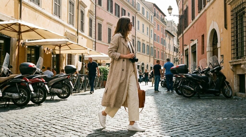 Traveler walking on cobblestones in Rome wearing a trench coat and white walking sneakers.