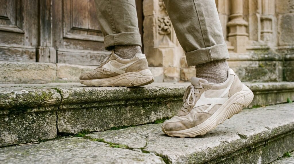 Retro running shoe with thick cushioned midsole worn on cathedral stone steps.