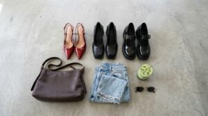 Gen Z shoe trends flat lay featuring cherry red kitten heels, square toe block heels, and denim.