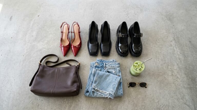 Gen Z shoe trends flat lay featuring cherry red kitten heels, square toe block heels, and denim.