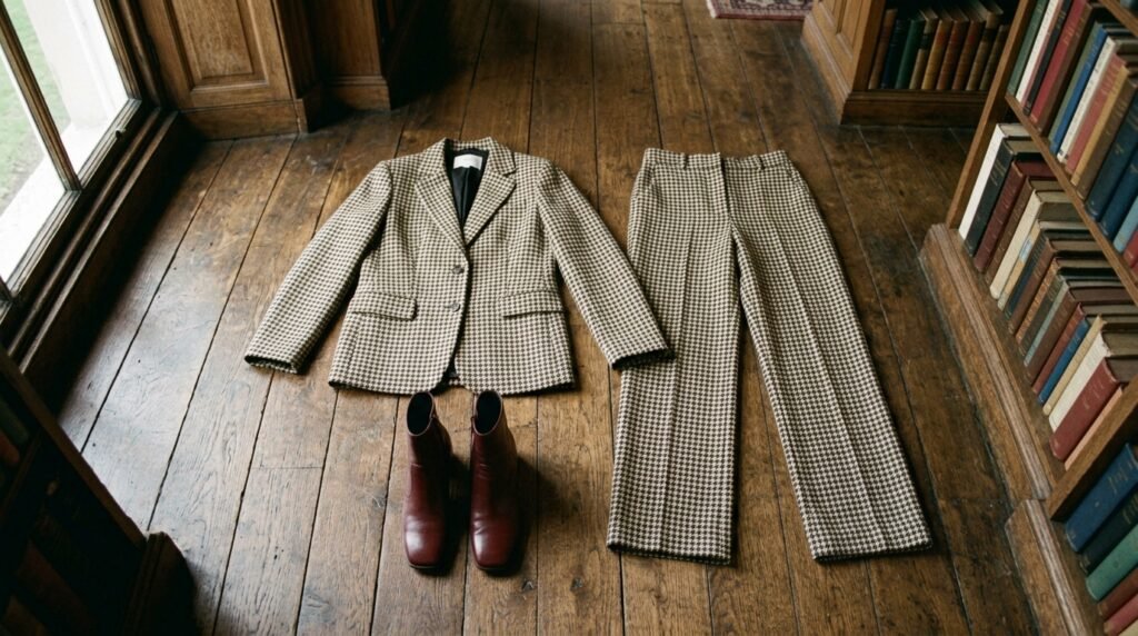 Houndstooth wide-leg trousers styled with square-toe burgundy block heel boots.