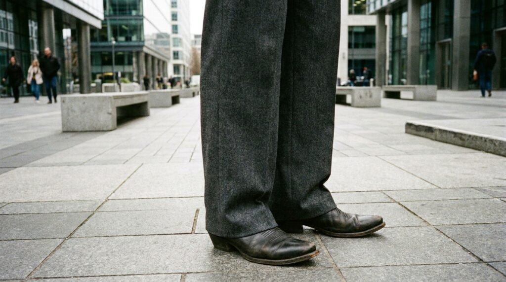 Wide-leg charcoal pleated trousers worn over pointed snip-toe western boots.