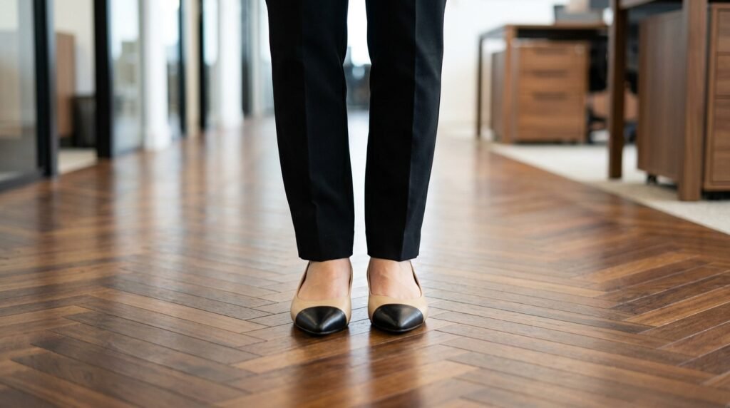 Tailored black cigarette trousers worn with two-tone pointed flats in an office setting.