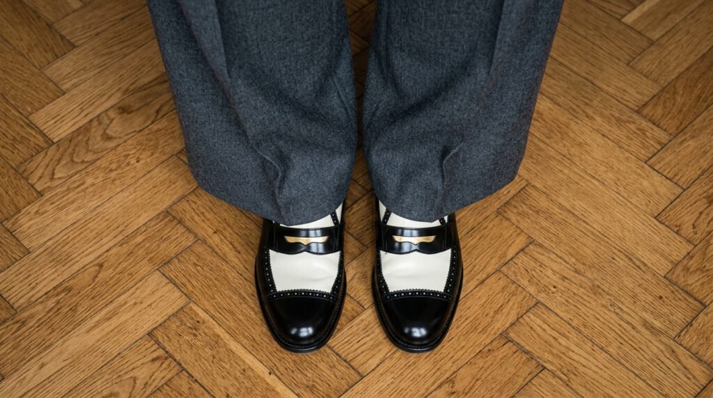 Black and ivory spectator penny loafers worn with wide-leg charcoal wool trousers.