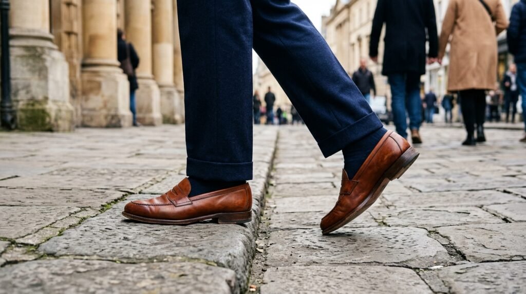 Burnished cognac leather penny loafers paired with navy blue wool trousers.