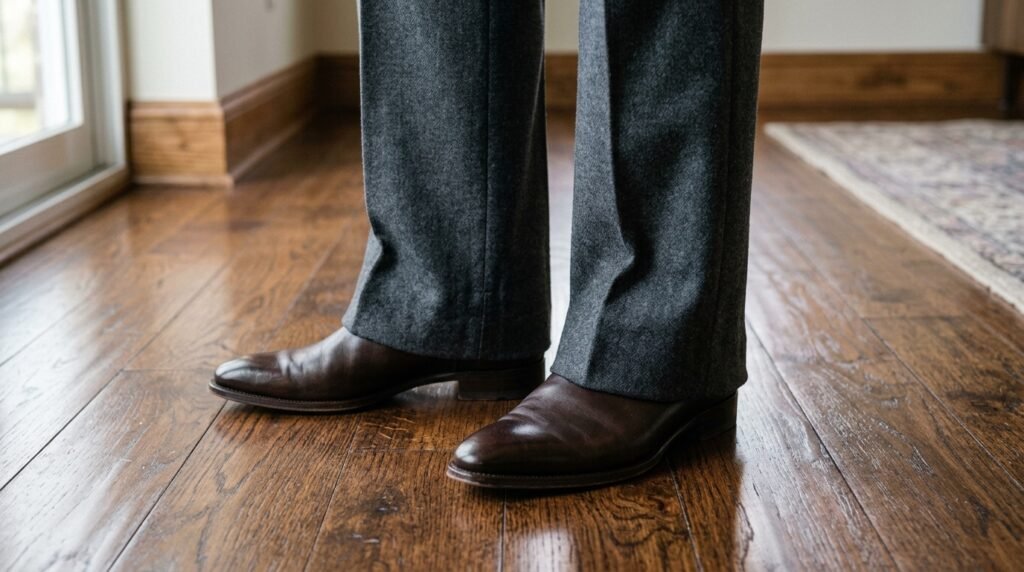 Deep chocolate brown leather boots paired with charcoal grey flannel trousers.