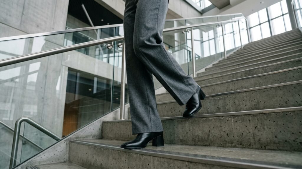 Chiseled square-toe black leather block heels styled with wide-leg grey trousers.