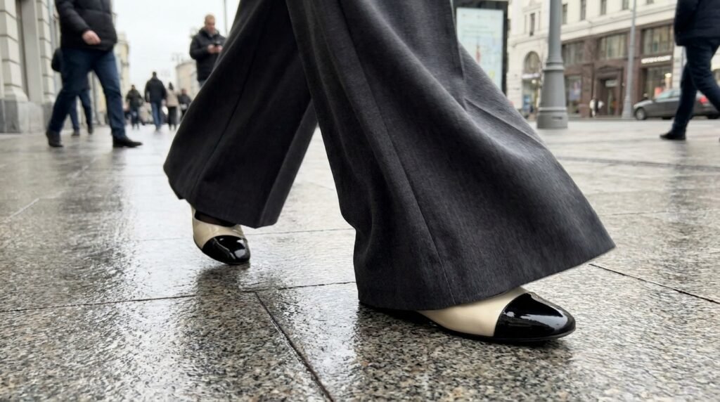 Wide-leg charcoal trousers moving over black patent cap-toe flats on a city street.