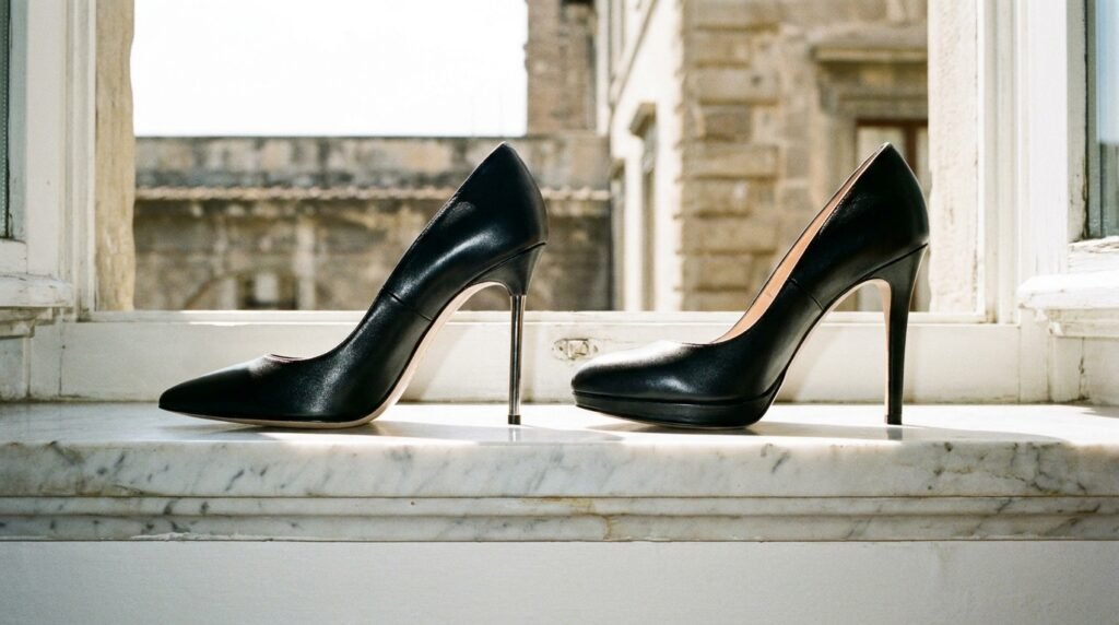 Side-by-side profile comparing a single-sole heel to a platform pump incline.
