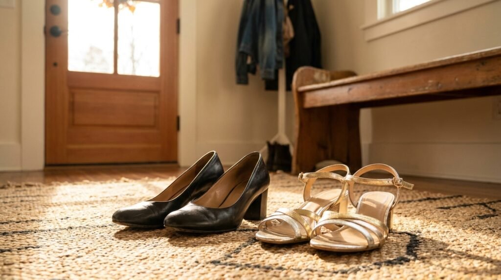 A conservative black leather pump sitting next to a metallic strappy sandal on a rug near a front door.