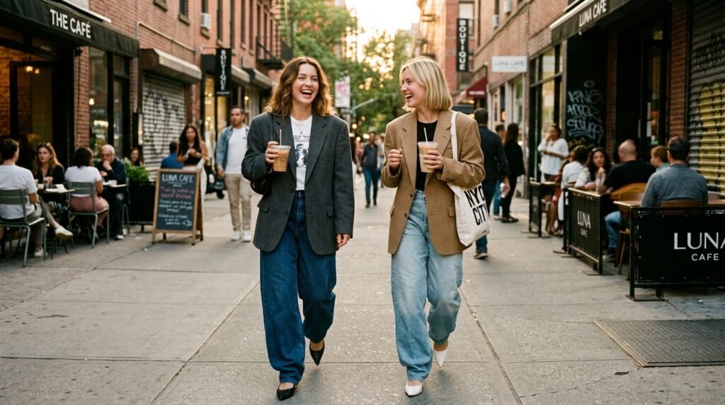 Two young women walking comfortably in city street style wearing low kitten heels.