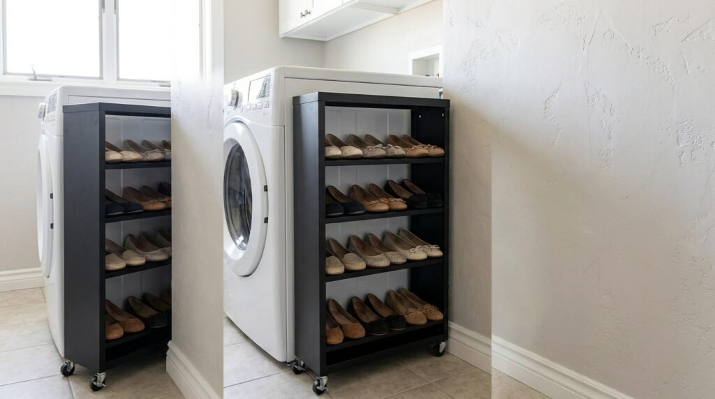 A narrow rolling utility cart filled with shoes squeezed into a tight gap next to a washing machine.