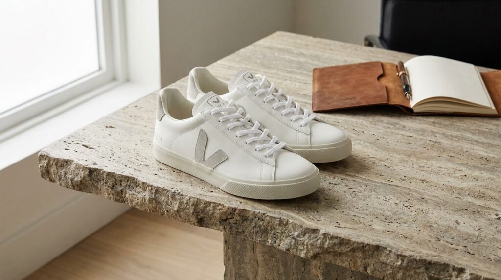 White leather Veja Campo sneakers displayed on a travertine desk.