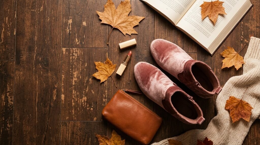 A flat lay photo showing ankle boots, a clutch, and autumn leaves on a wood floor.