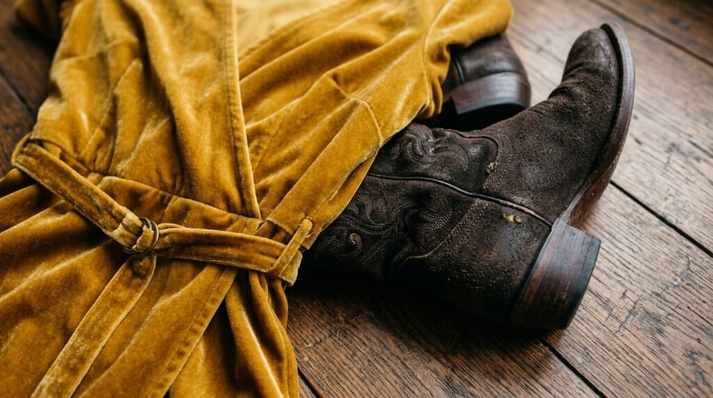 Mustard velvet dress fabric resting against dark chocolate suede boots.