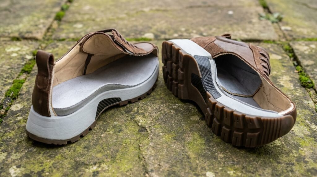 Cross section of a travel walking shoe showing cushioning and stability layers.