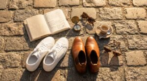 Best walking shoes for Europe travel flat lay with white sneakers and leather boots on cobblestones.