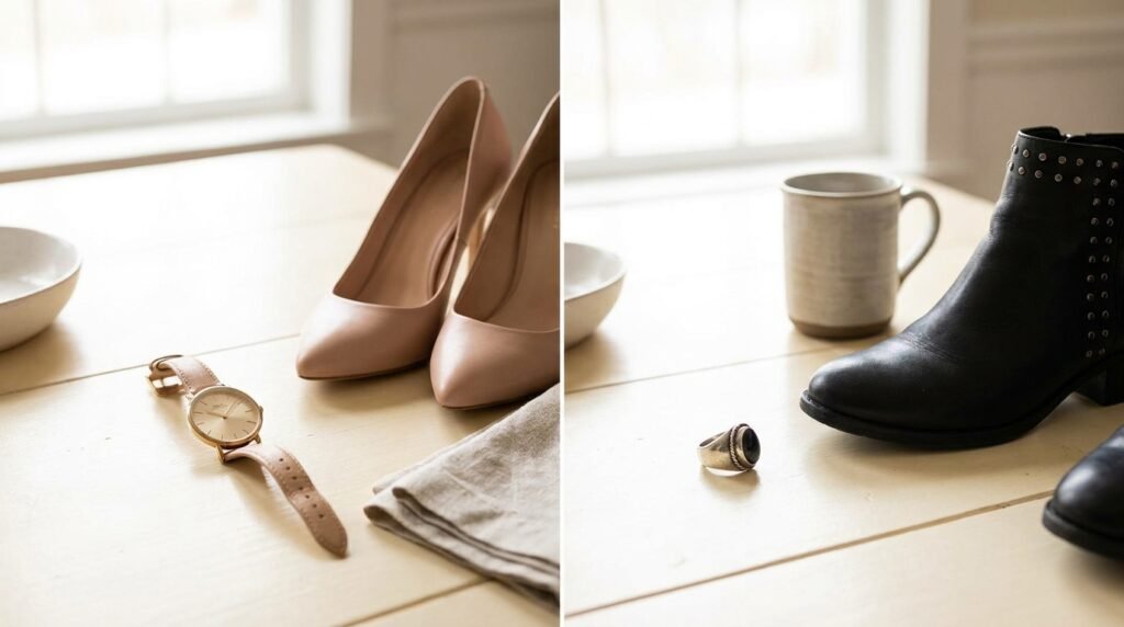 A table displaying a gold watch and nude pump on one side, and a silver ring with a studded black bootie on the other.