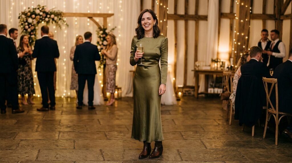 Olive green satin column dress paired with dark brown leather western boots.