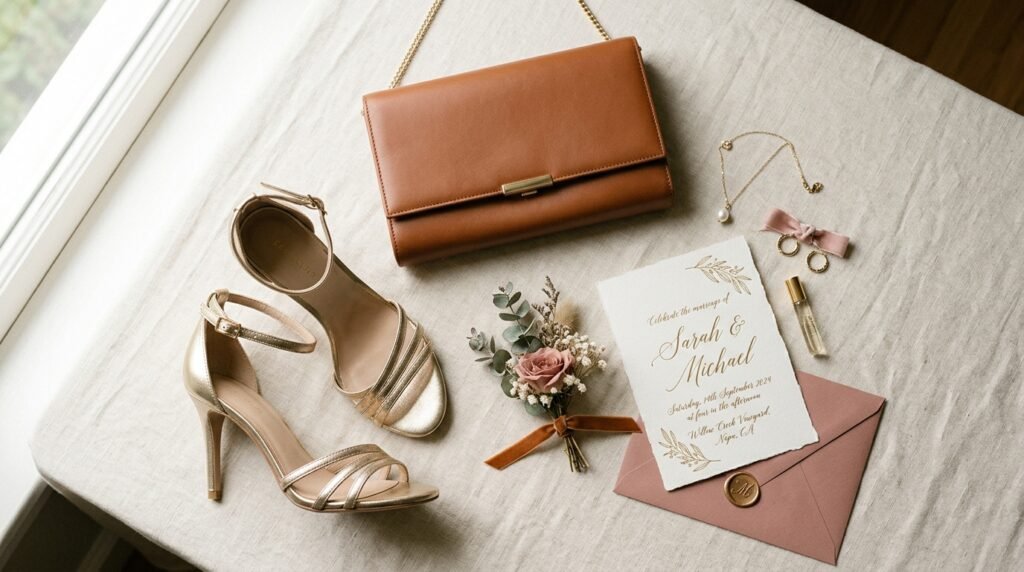 Flat lay of gold metallic high heels, a small evening clutch, and an invitation card on a white surface.
