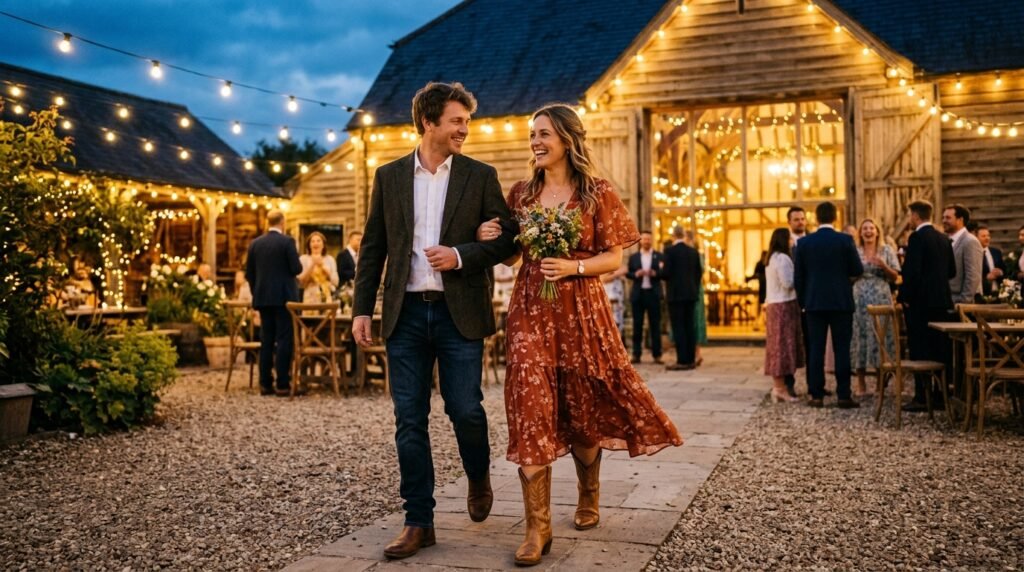 Wedding guest in a flowing dress and cowboy boots celebrating at an evening barn reception.
