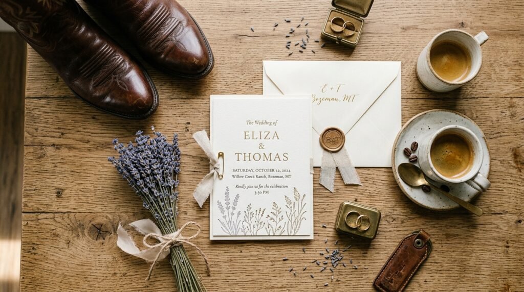Wedding invitation card and western accessories laid out on an oak desk.