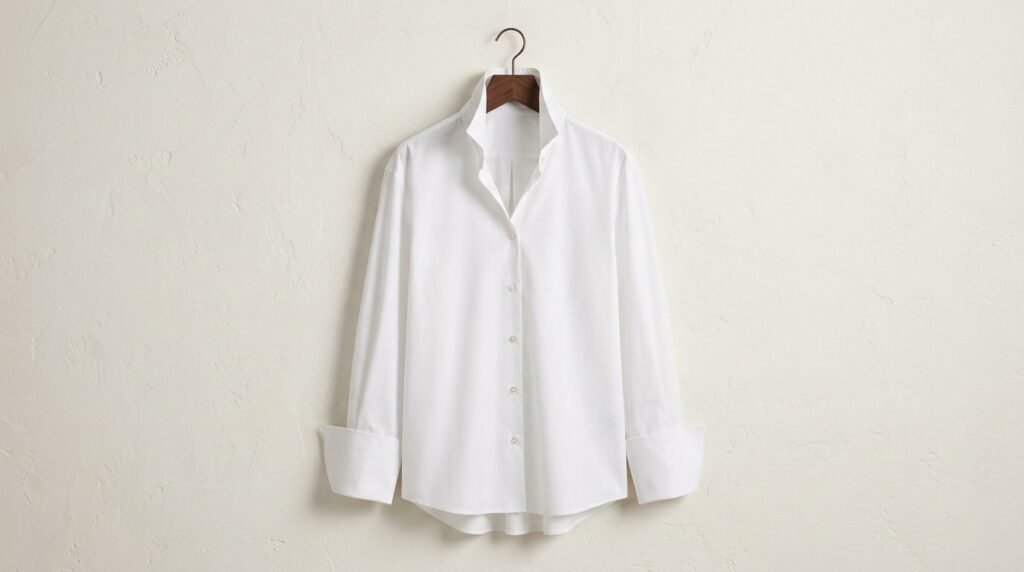 Crisp oversized white cotton poplin button-down shirt on a wooden hanger.