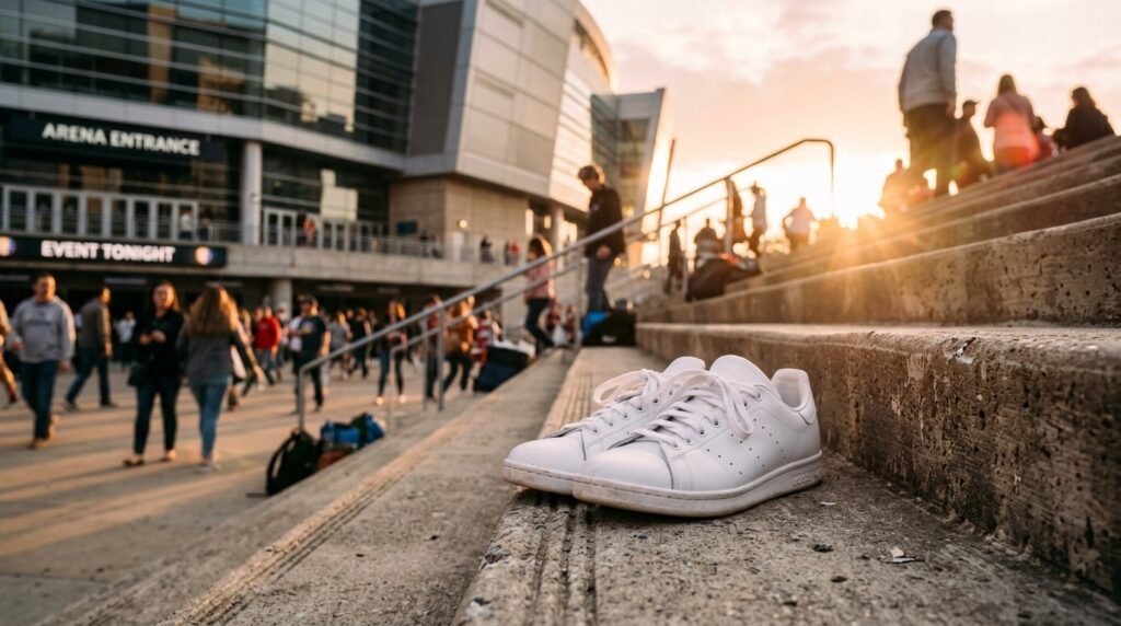 A pair of clean white leather sneakers placed on concrete steps outside an entertainment venue.