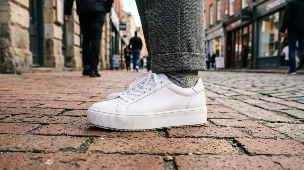 Crisp white leather platform sneakers paired with cropped tweed trousers on brick pavement.