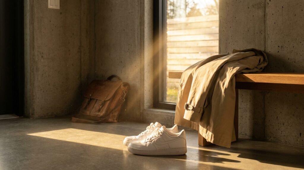 A clean pair of white Nike sneakers resting on an entryway floor next to a trench coat.