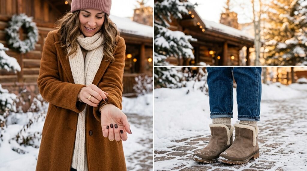 Woman wearing taupe suede winter boots and heavy denim, displaying dark brown nails.