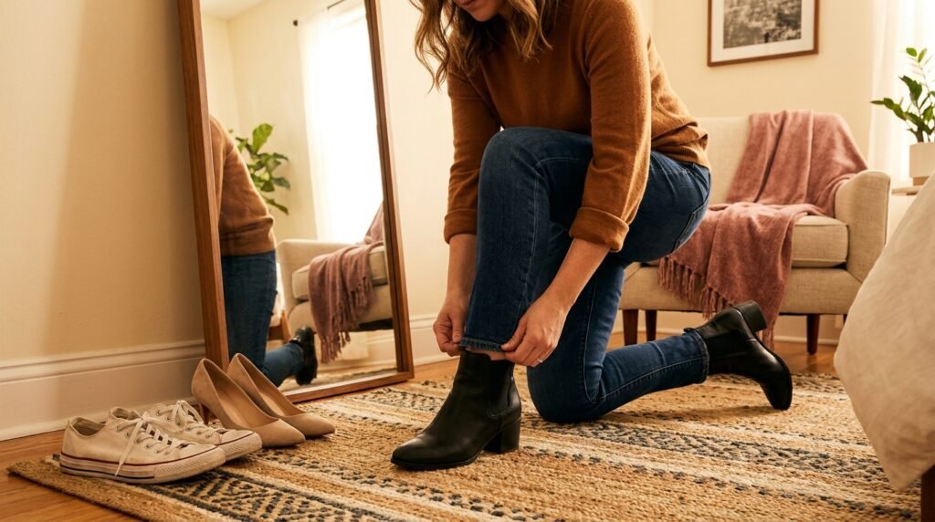 A woman looking in a mirror wearing black boots and jeans, with white sneakers and nude heels on the floor next to her.
