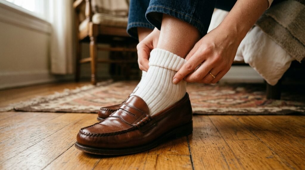 Close-up of a woman's ankles showing white ribbed crew socks and brown leather loafers.