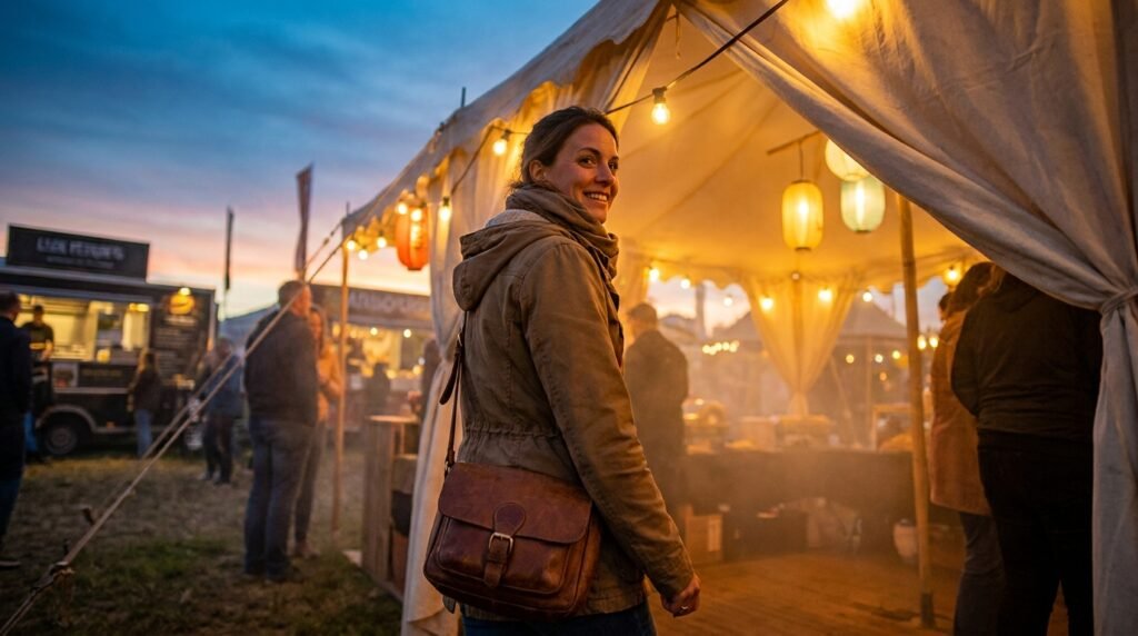 A woman walking toward a warmly lit festival tent at dusk carrying a leather crossbody bag.