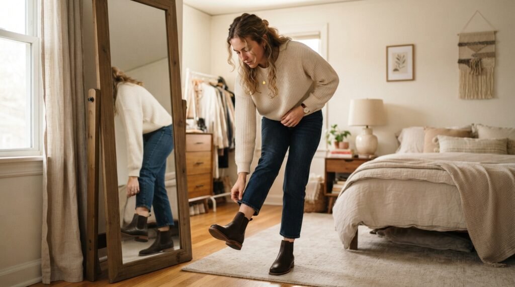 A woman looking in a mirror in her bedroom, checking her pant hemline and boots.