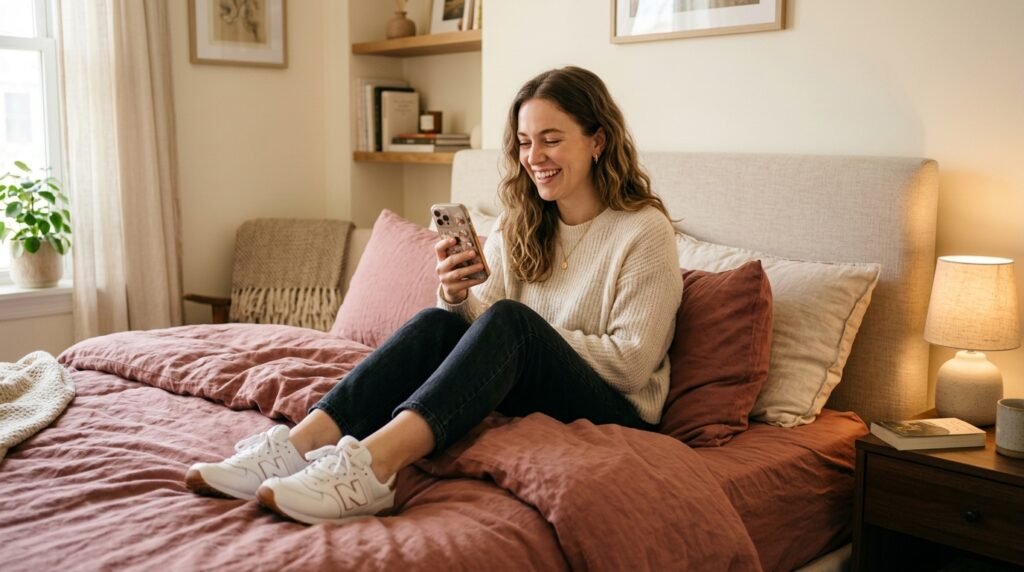 A smiling young woman sitting on a cozy bed looking at her phone while wearing comfortable casual shoes.