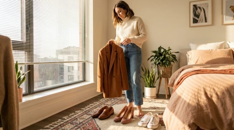 A woman holding a blazer in a sunlit bedroom with various shoes including loafers, sneakers, and heels arranged on the floor.